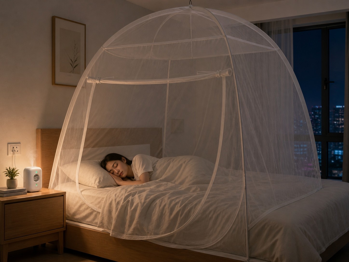 Person sleeping safely under a mosquito net with electric repellent active in a Chinese home