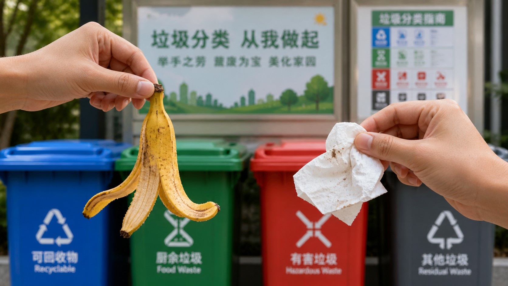 Close-up comparison of wet waste like a banana peel and dry waste like a used napkin in front of Chinese community recycling bins