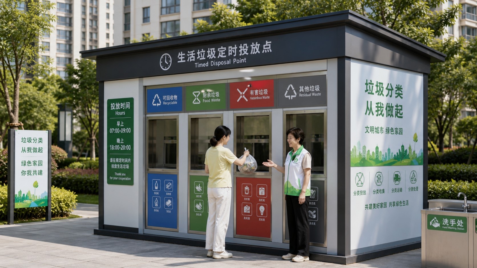Modern timed garbage disposal point in a Chinese residential community with a volunteer supervisor assisting residents