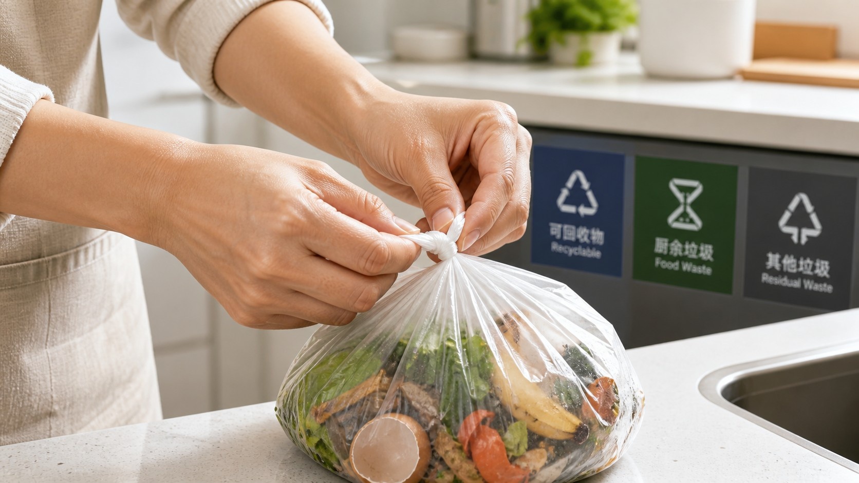 Person carefully tying a garbage bag to prevent leakage, demonstrating proper waste handling etiquette