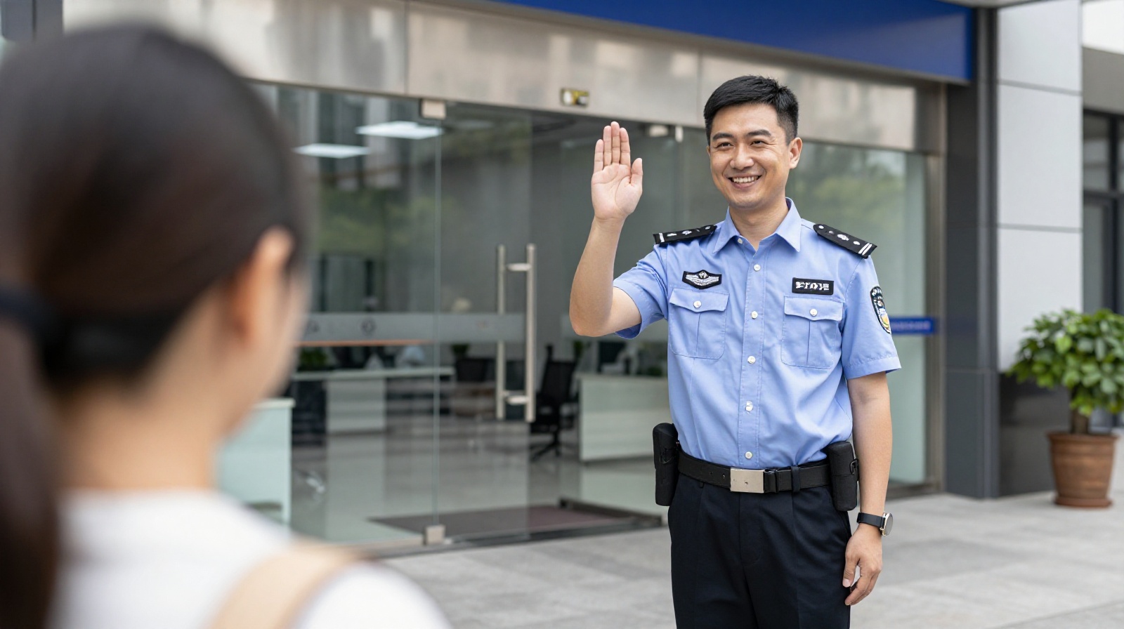 Security guard greeting employees at a Chinese office building entrance