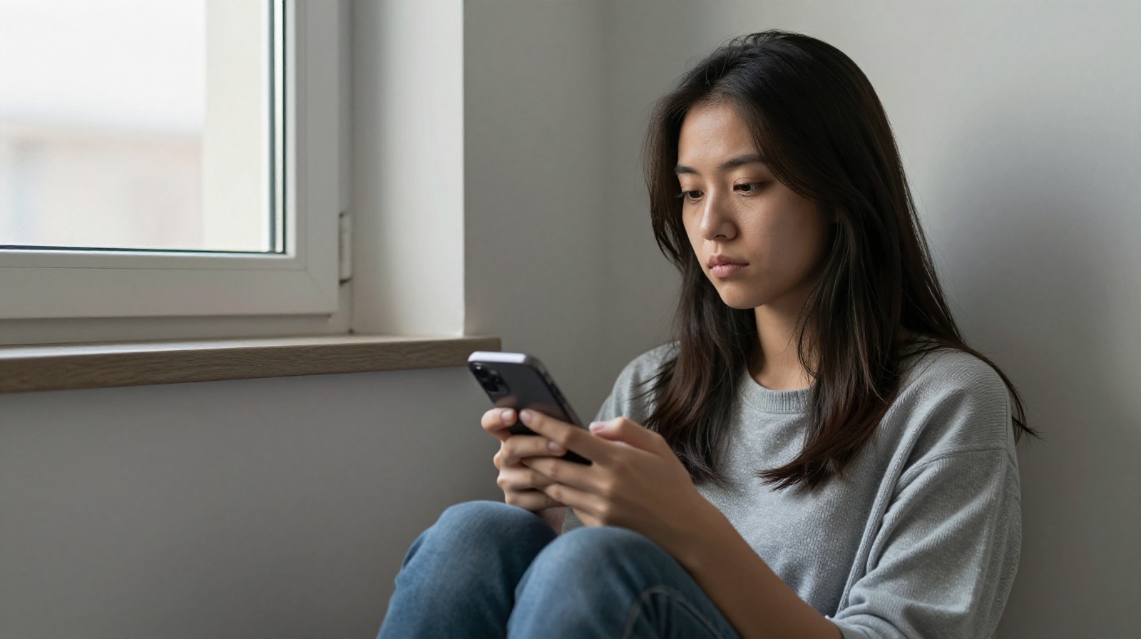 A young person reflecting while using their smartphone, representing the psychological aspect of privacy settings like 