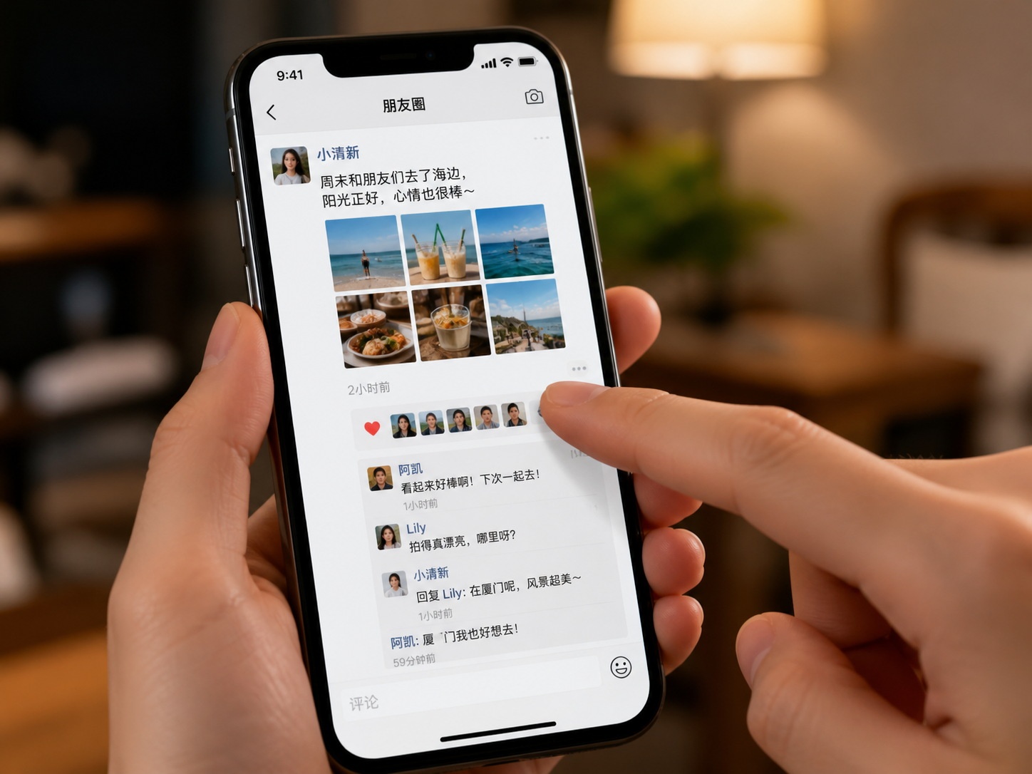 A close-up view of a smartphone screen displaying the WeChat Moments feed with users liking posts, illustrating digital social interaction in China.