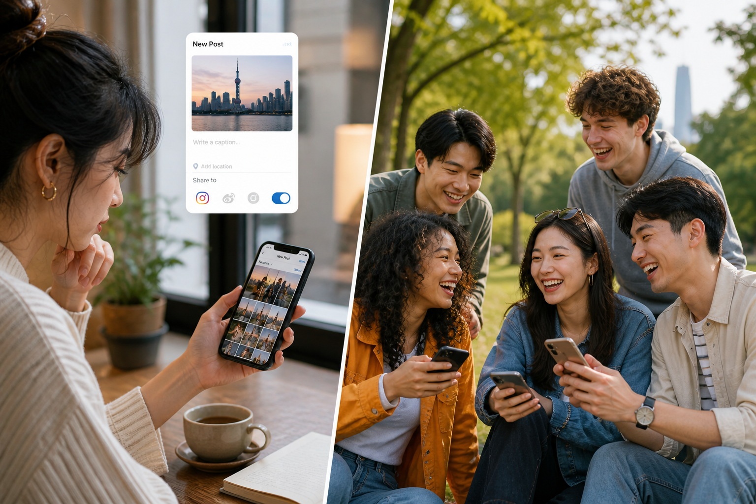 Visual metaphor for WeChat Moments showing both the act of posting and the social connections maintained through the app.