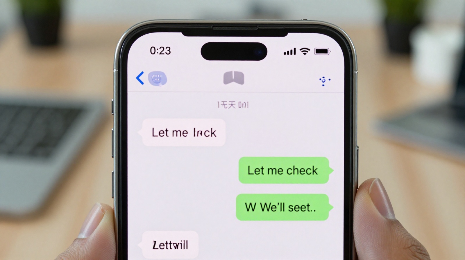 Smartphone displaying a WeChat chat with ambiguous Chinese messages that imply polite refusal.