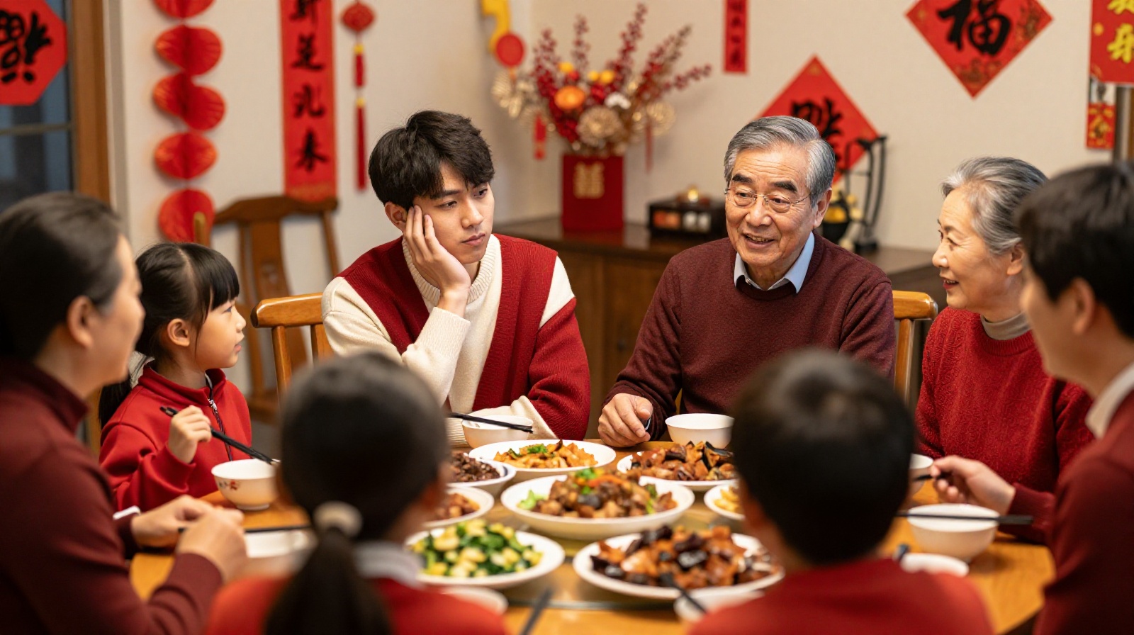 Young person navigating family pressure at a traditional Chinese dinner gathering.