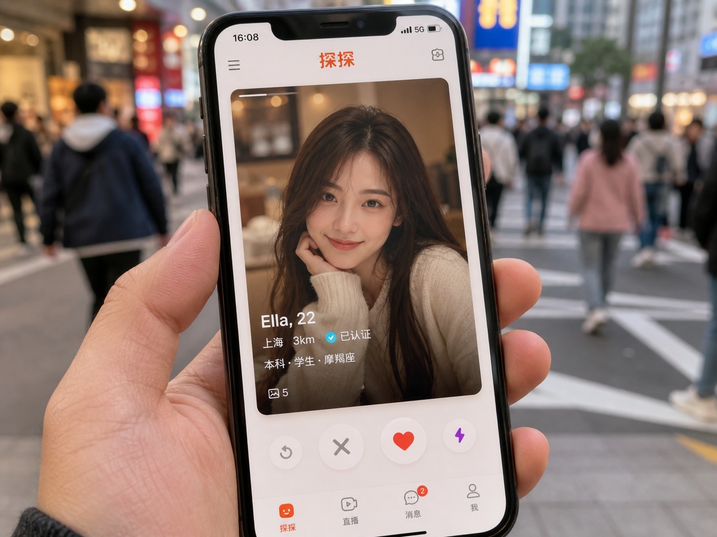 A close-up view of the Tantan dating app interface on a smartphone, illustrating the swipe mechanic popular in China's digital social scene.