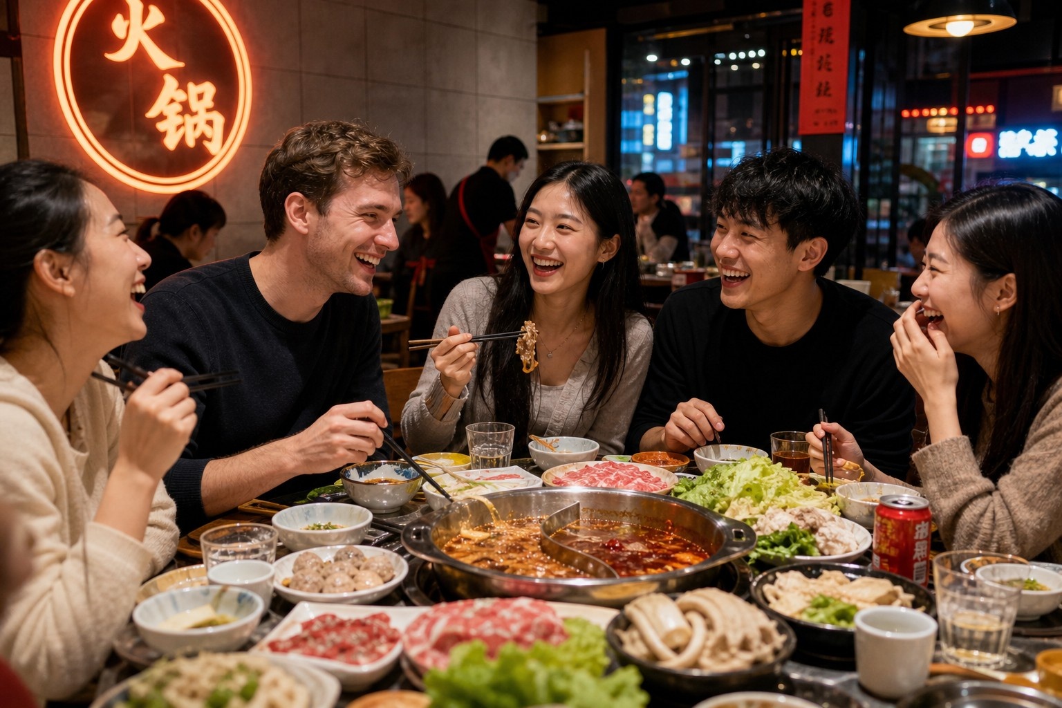 Friends socializing over hotpot in a Chinese restaurant, representing the transition from online dating apps to offline meetups.