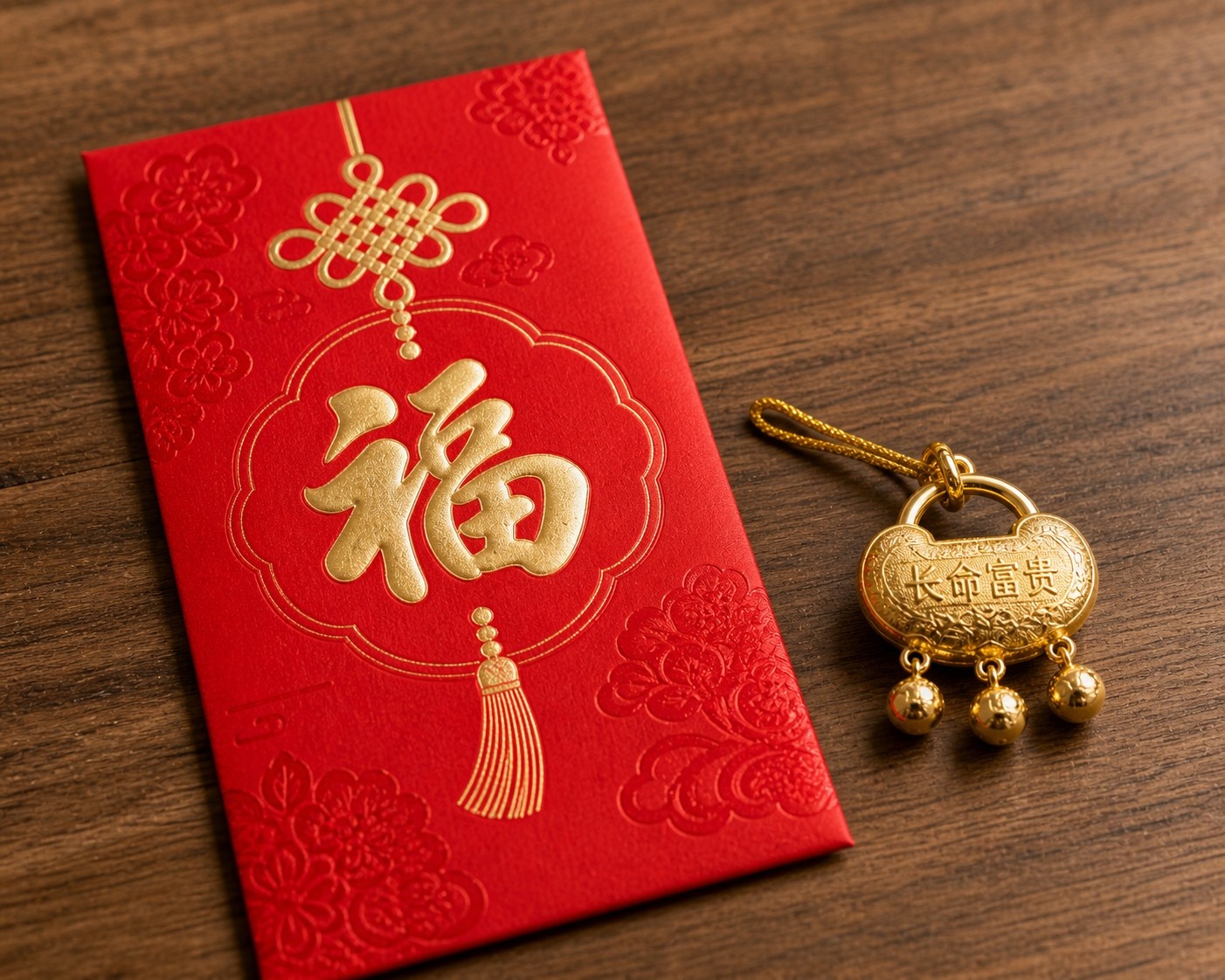 Traditional Chinese red envelope for money gifts alongside a gold longevity lock necklace for babies