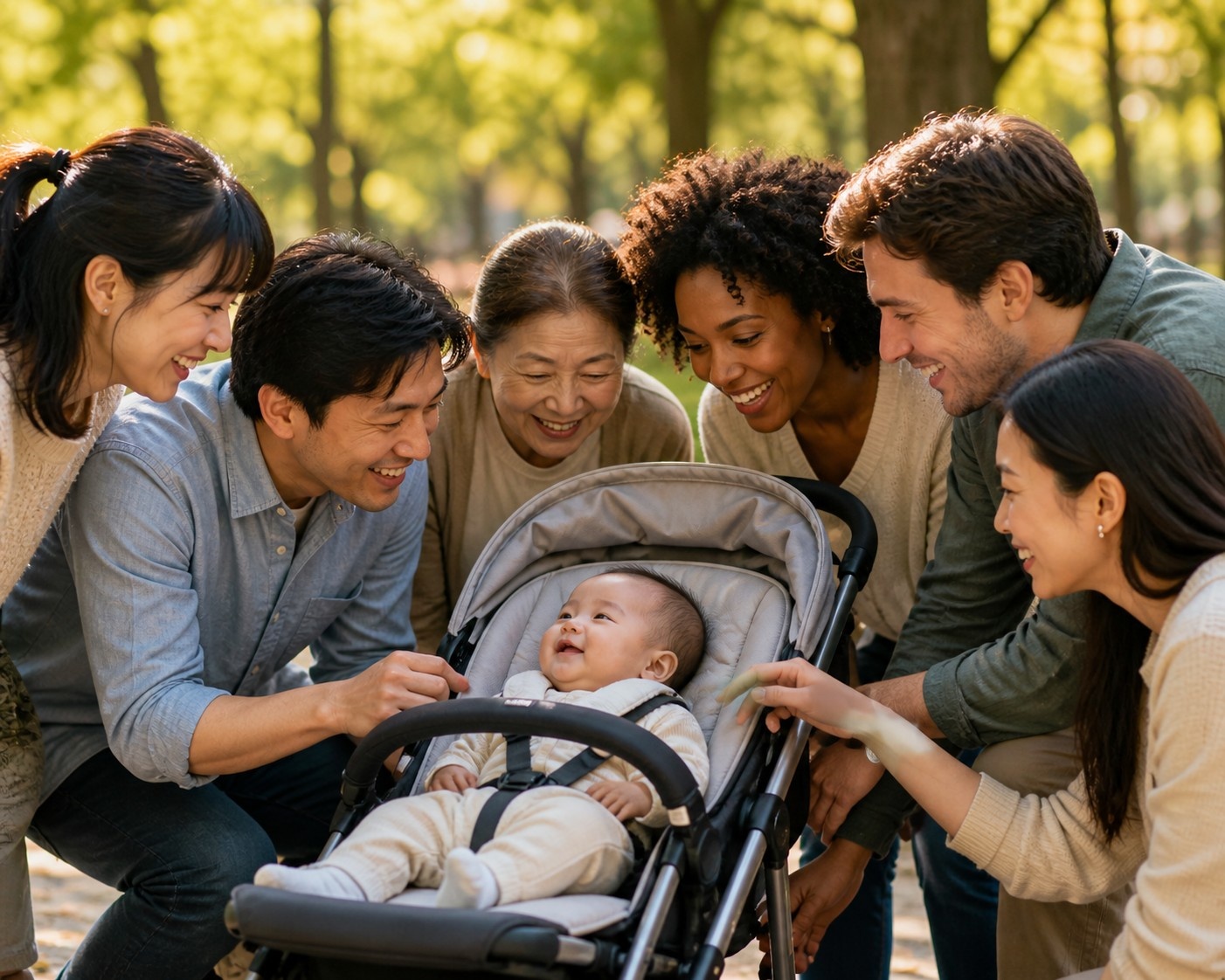 Friends and family gathering to celebrate a baby in a sunny park