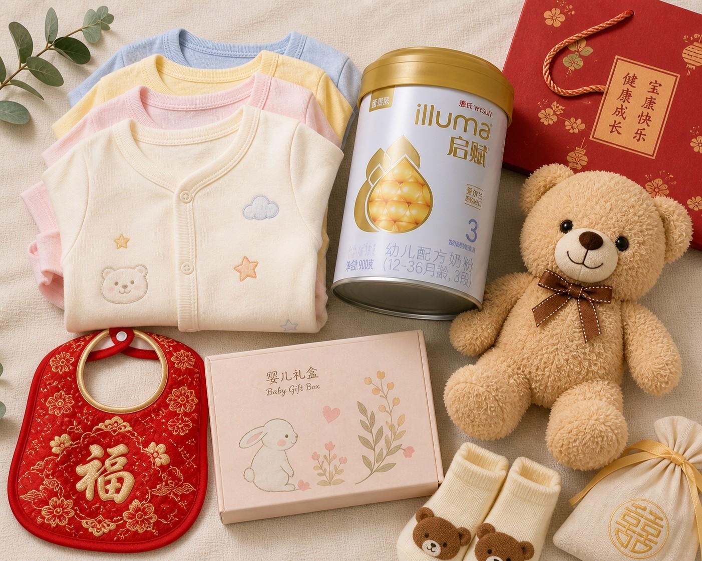 Selection of appropriate baby gifts including clothes and plush toys