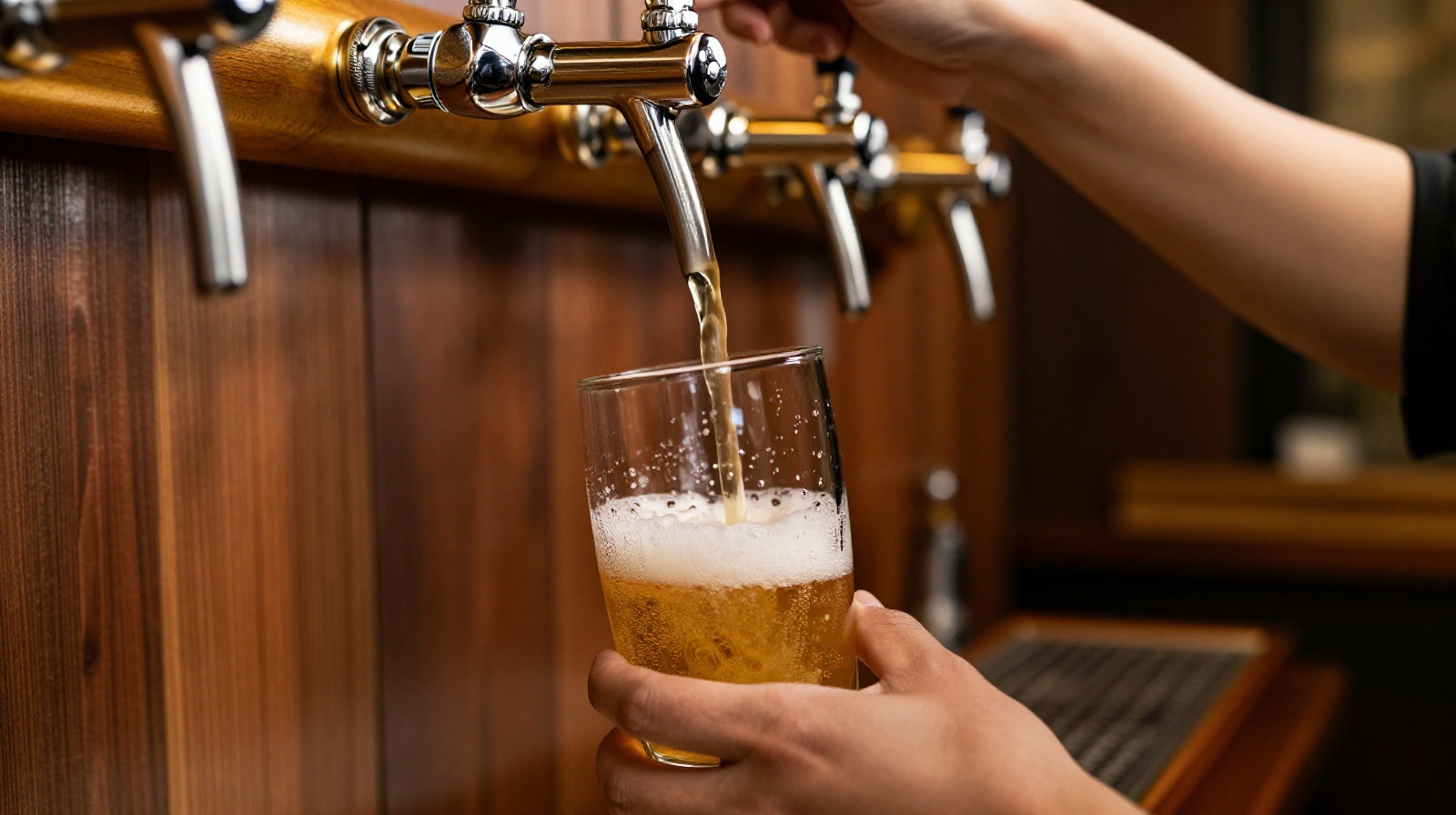 A bartender pouring craft beer from a tap in a modern Shanghai bar, showcasing the growing popularity of craft beverages among young Chinese adults.