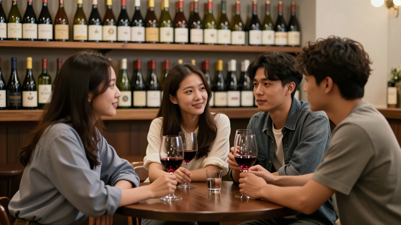 Young professionals enjoying natural wine and conversation in a cozy Shanghai wine bar, reflecting shifting social drinking habits.