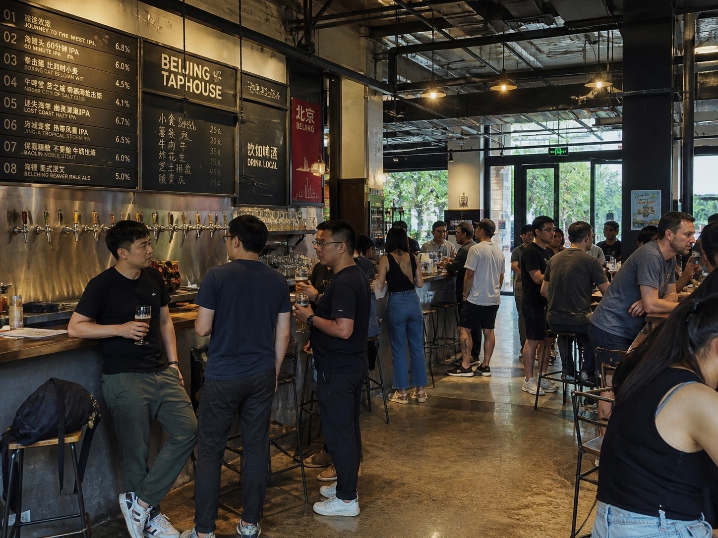 Casual social gathering in a Beijing craft beer bar, illustrating the new AA-style, low-pressure drinking culture among Chinese youth.