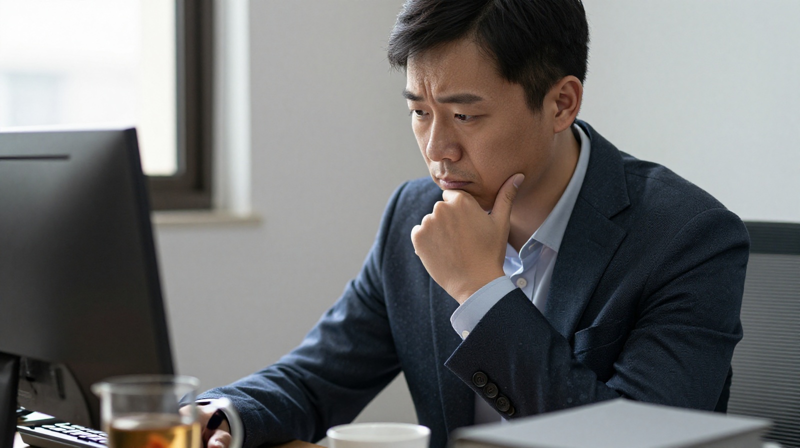 A young Chinese professional pausing at their desk in an office, holding a warm cup of tea, looking thoughtful and calm during a difficult day.