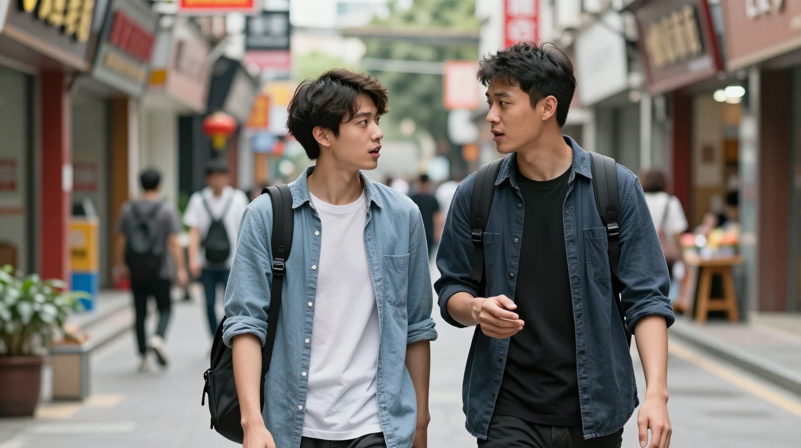 Two friends having a supportive conversation on a busy street in a Chinese city, demonstrating casual empathy and companionship.