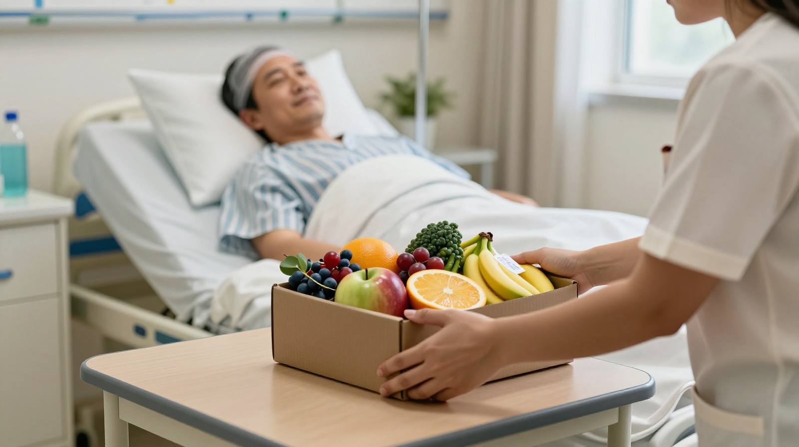 A visitor leaving a basket of fruit as a gift in a hospital room, symbolizing care and wishes for recovery in Chinese culture.