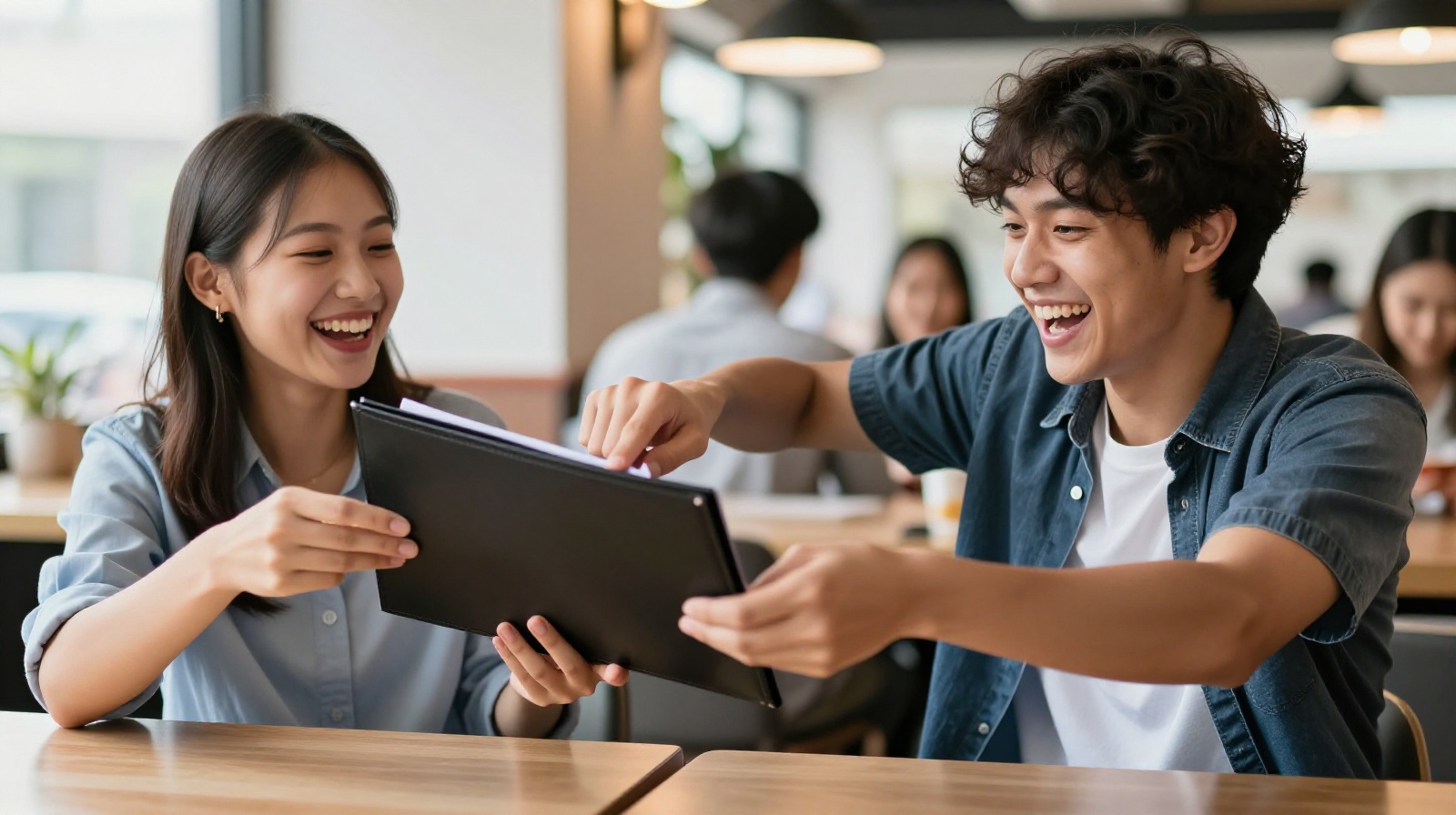 Two friends jokingly fighting over who will pay the restaurant bill in China