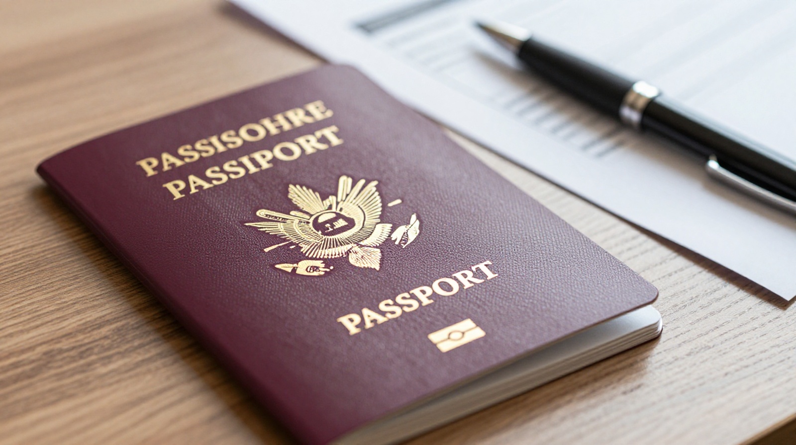 A foreign traveler's passport lying open on a desk next to a registration form, illustrating the document preparation for China accommodation registration.