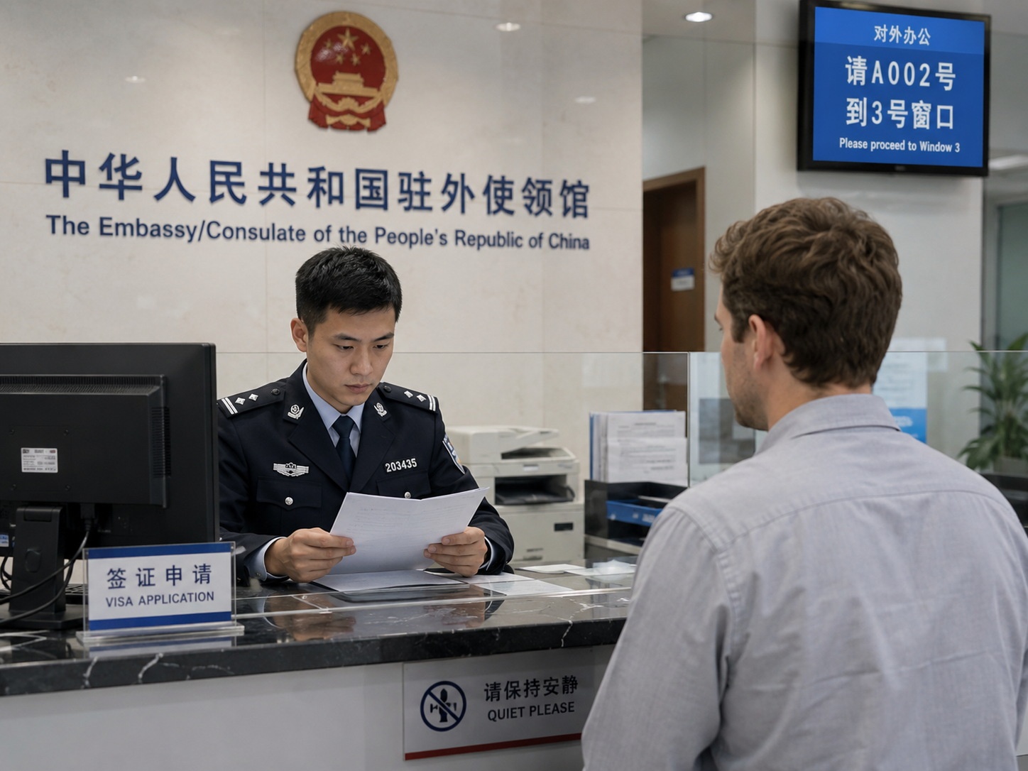 Immigration officer reviewing visa documents at a Chinese consulate