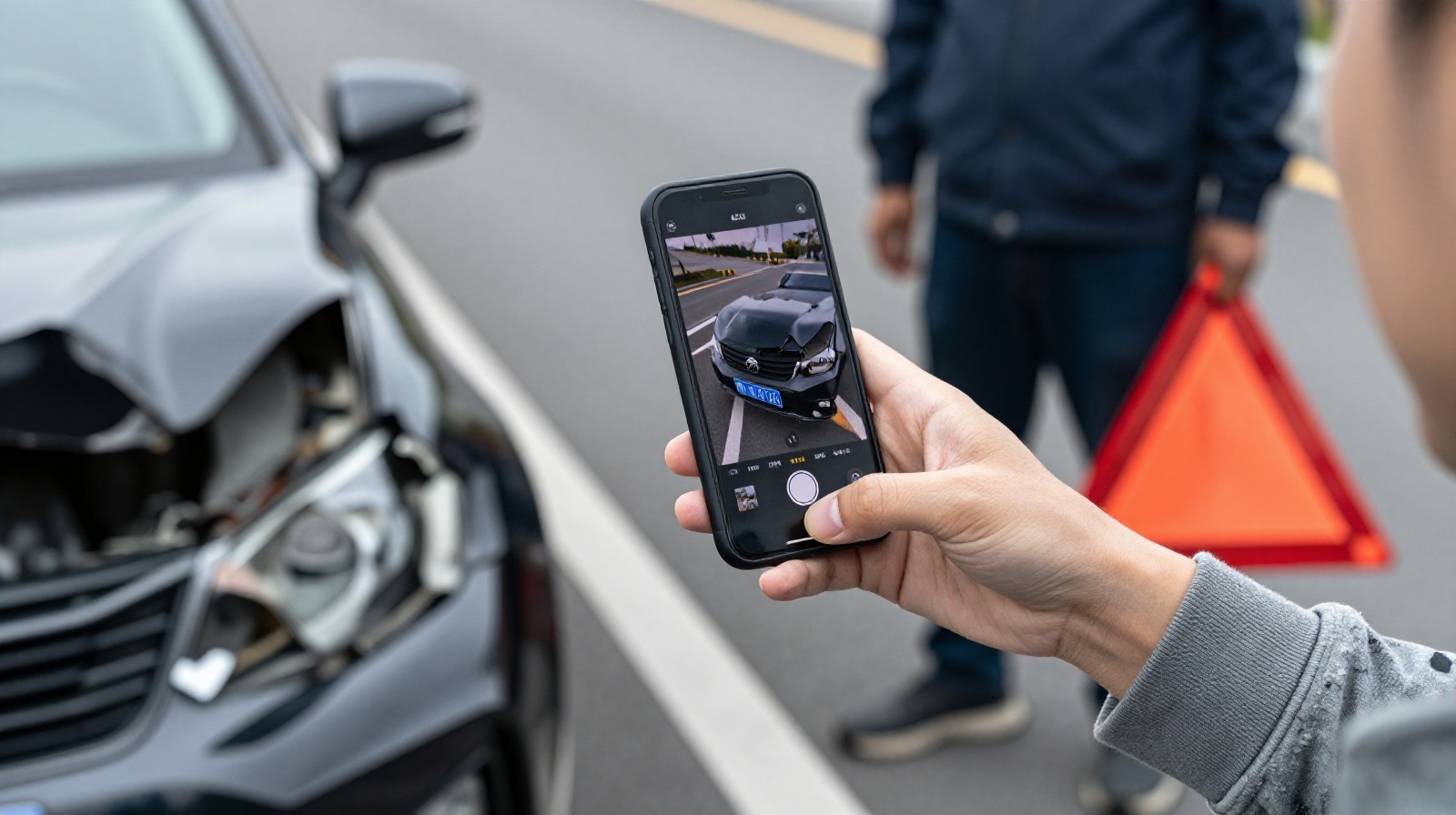 A driver documenting a traffic accident scene by photographing the vehicle damage and license plates as required for insurance claims in China.