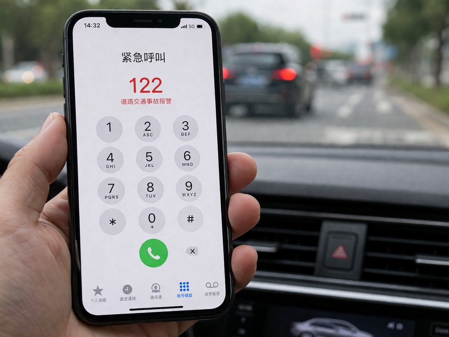 A close-up photo of a mobile phone screen showing the emergency number 122 for traffic police in China, highlighting how to call for help during a collision.