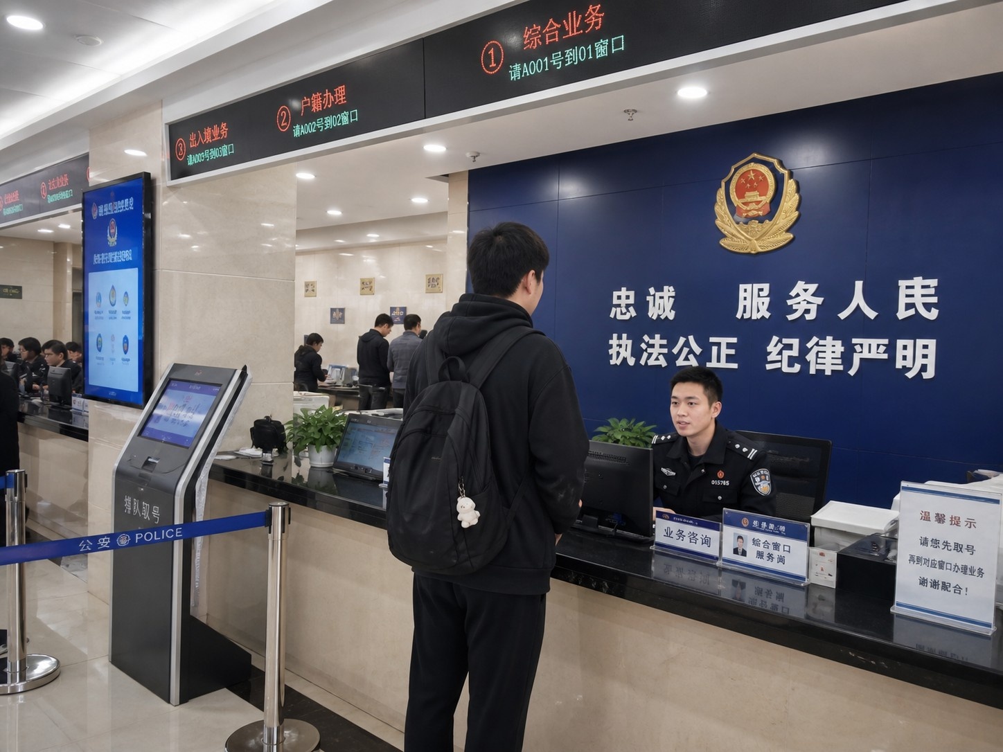Tourist or local citizen seeking assistance at a public security bureau desk in China
