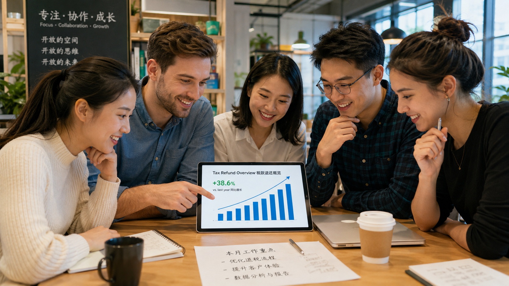 Expats using a tablet to review their annual tax settlement data in a modern Chinese office