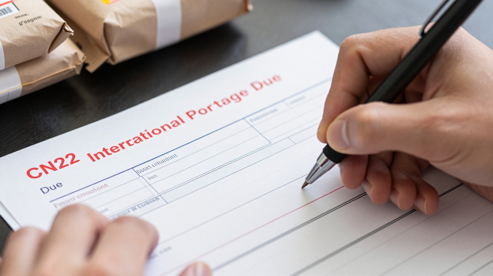 Close-up of a person filling out an international customs declaration form for shipping from China