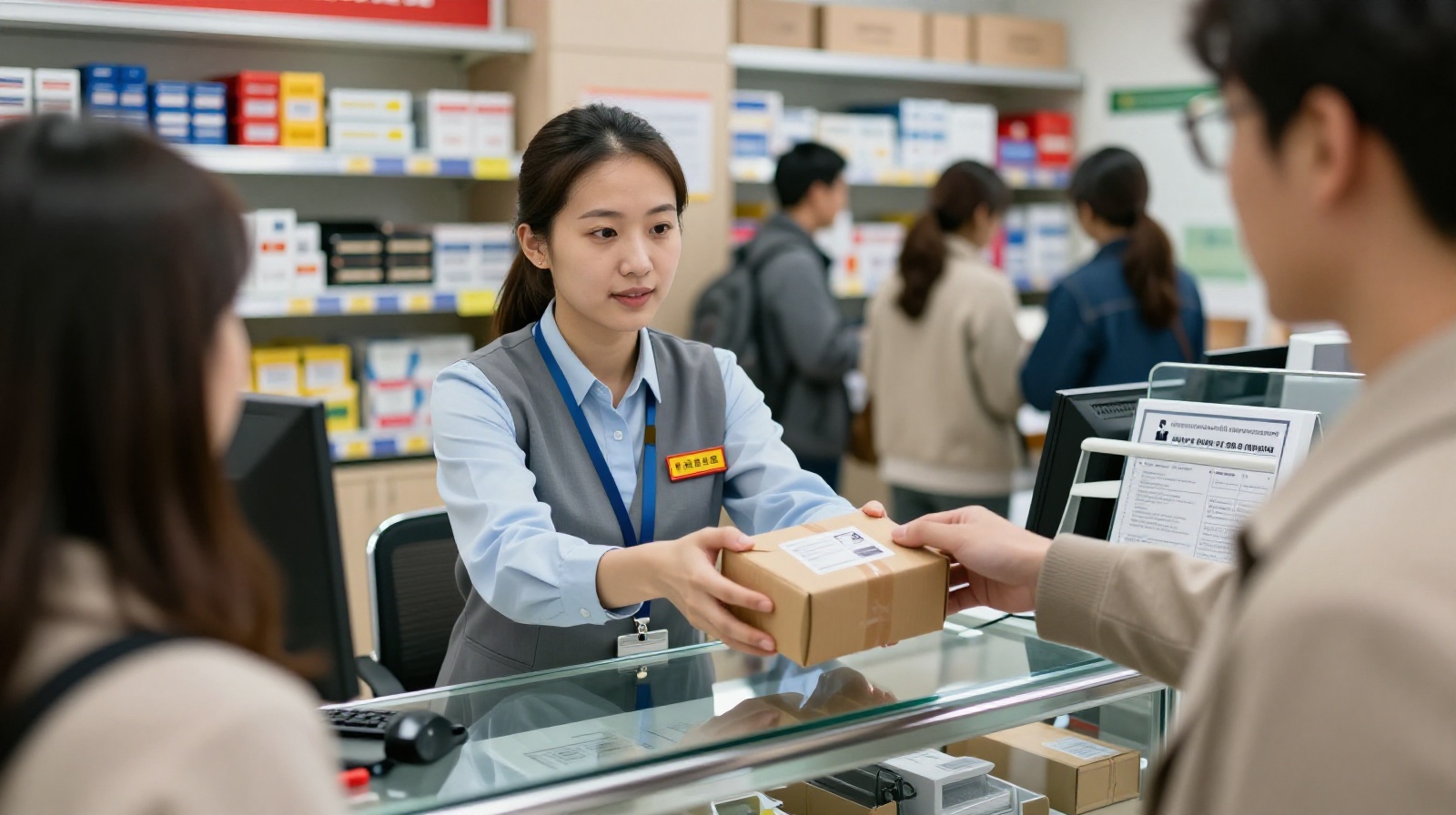 Postal worker processing an international parcel at the service counter in a Chinese post office
