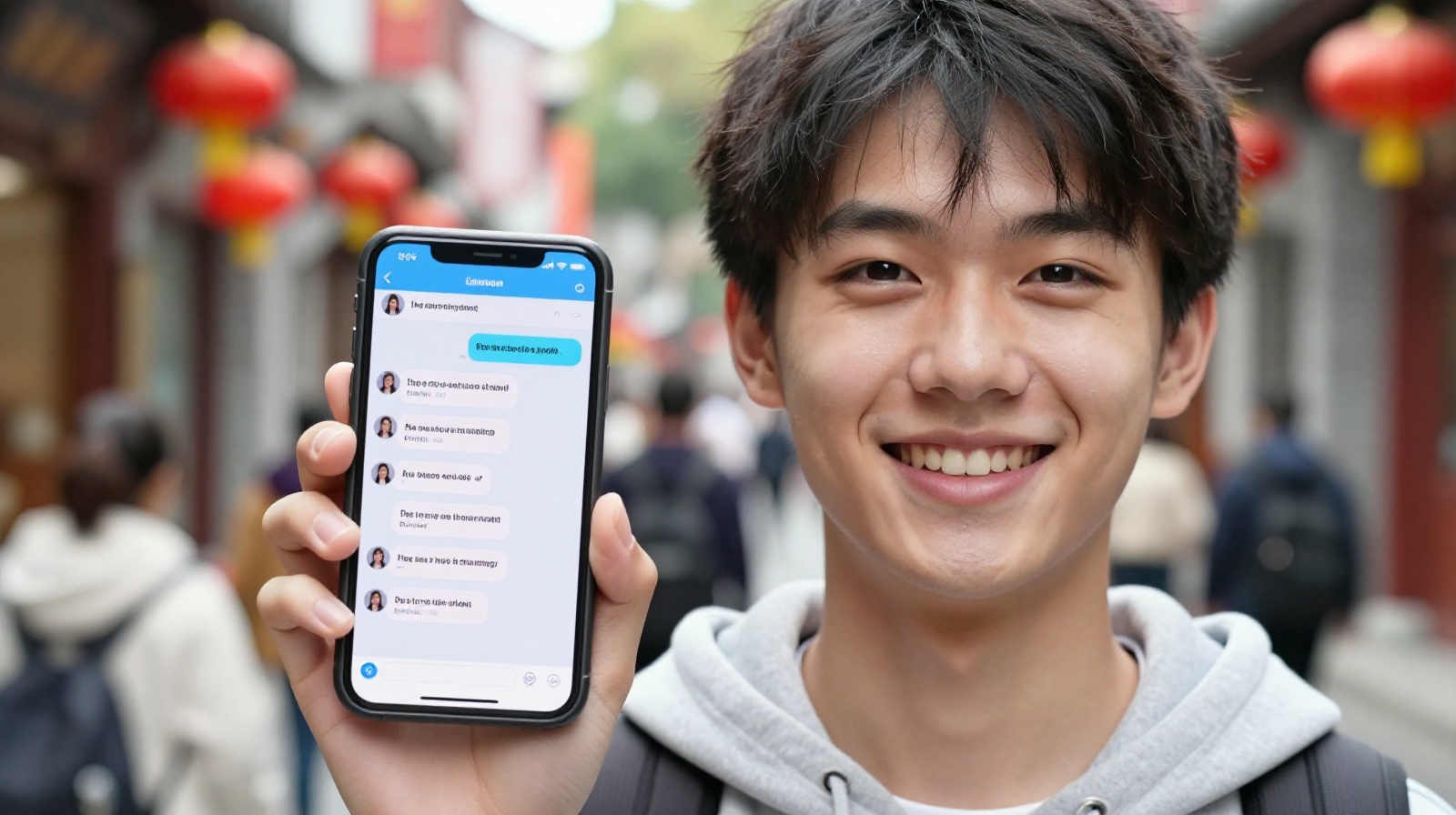 A friendly Chinese student using a smartphone to communicate with tourists on a busy street in China