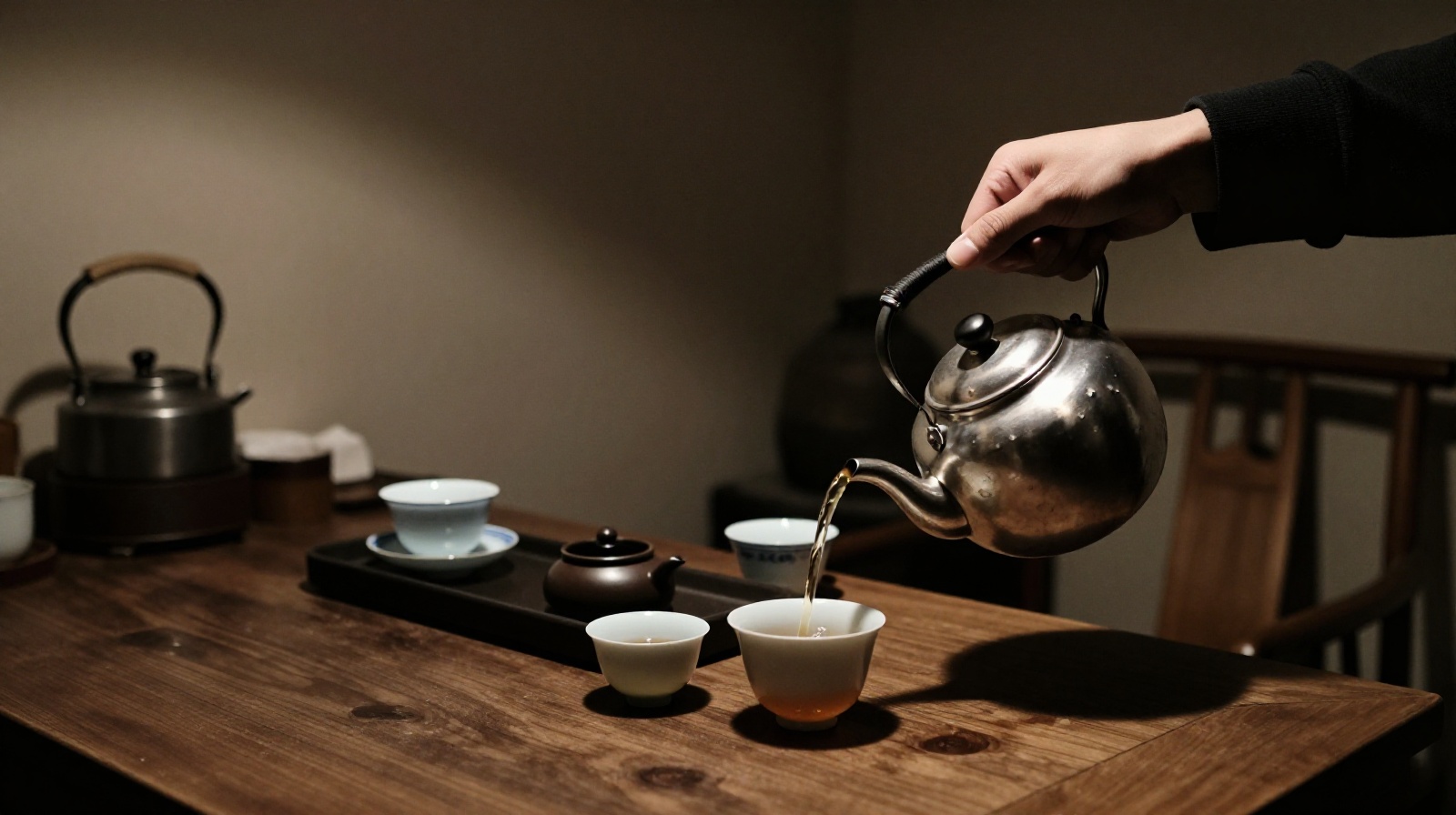 Traditional Chinese tea ceremony setup in a small, private room during a potential scam