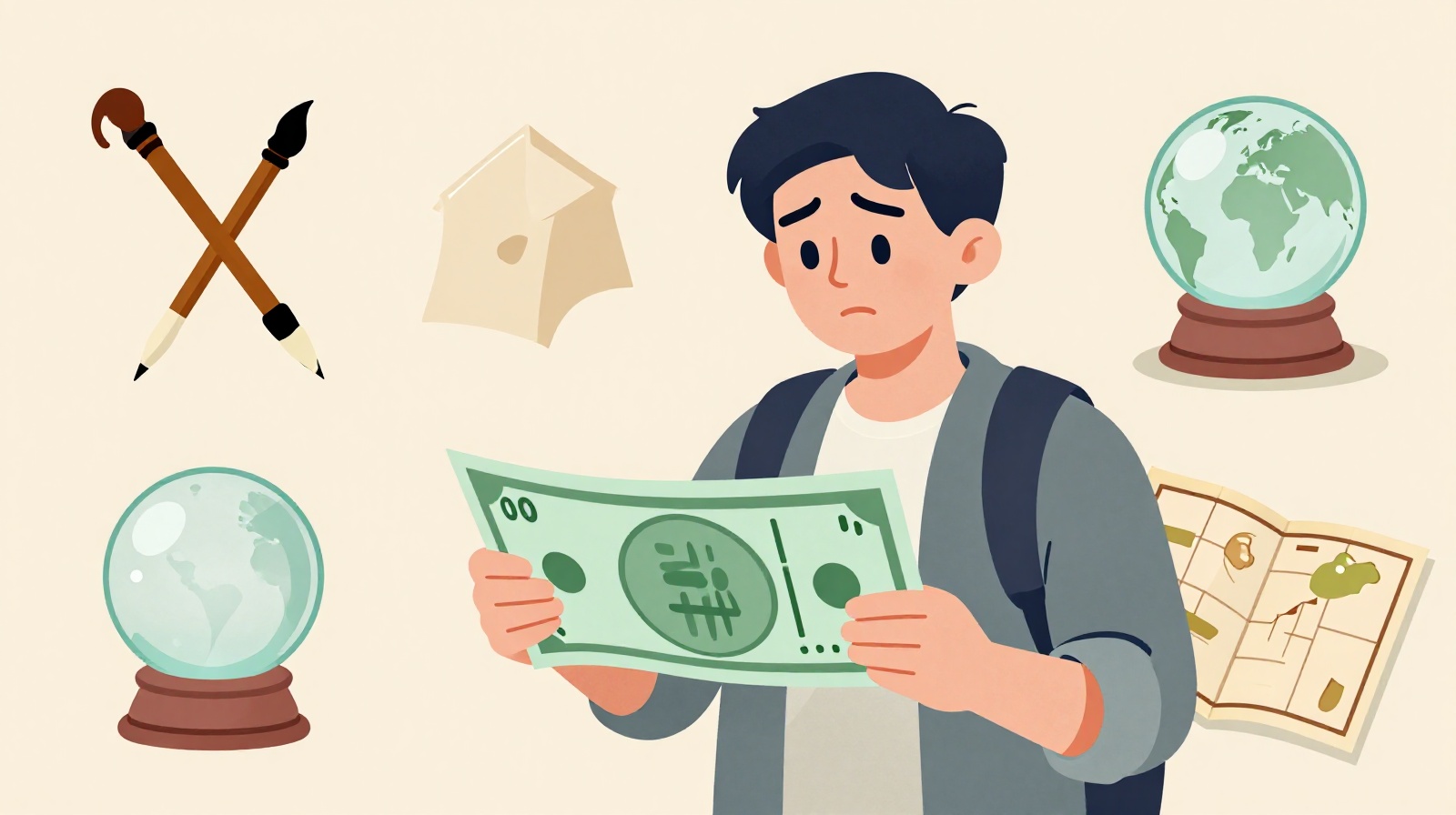 Illustration representing various common tourist scams including fake tea sales and calligraphy lessons