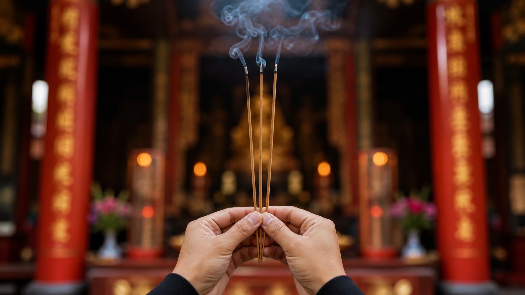 Close-up of hands holding lit incense sticks in front of a Chinese temple altar, showing the correct way to offer incense.