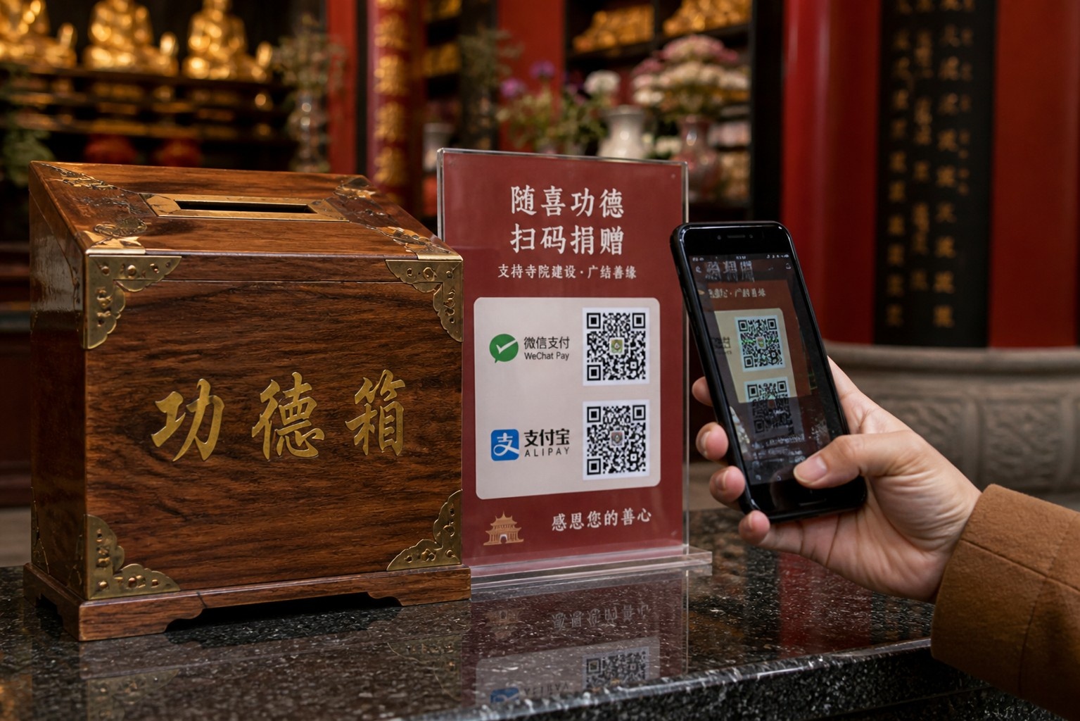 A visitor using a smartphone to scan a QR code for temple donation next to a traditional wooden box.