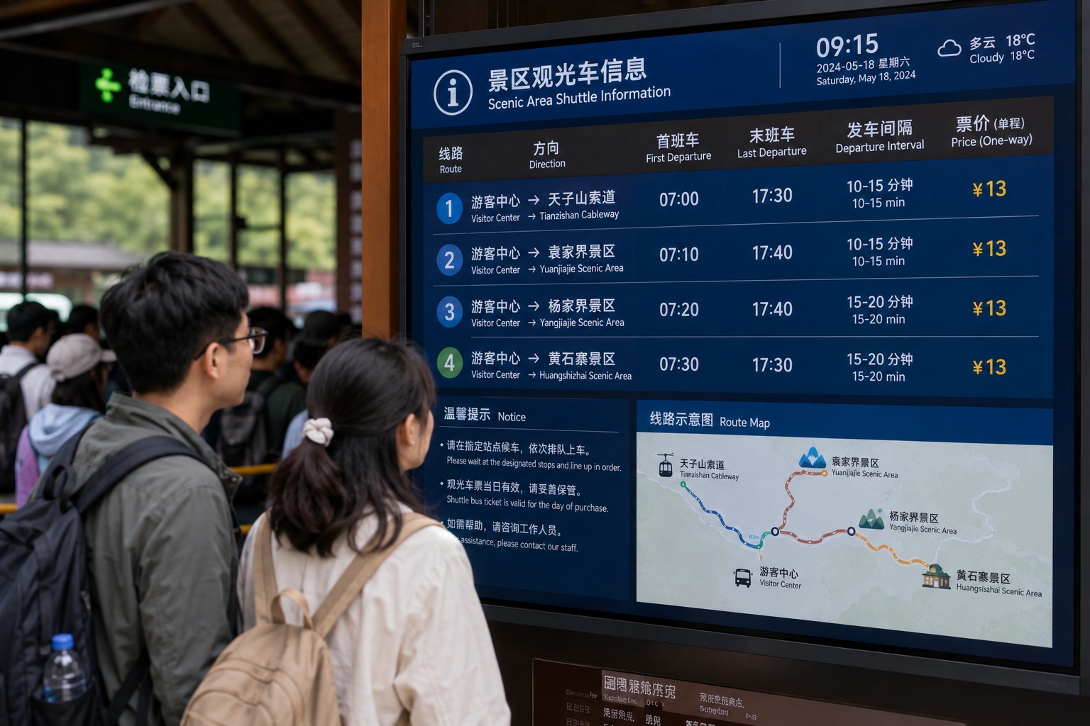 Digital information board displaying shuttle bus schedules for a Chinese mountain scenic area, with tourists checking times nearby.
