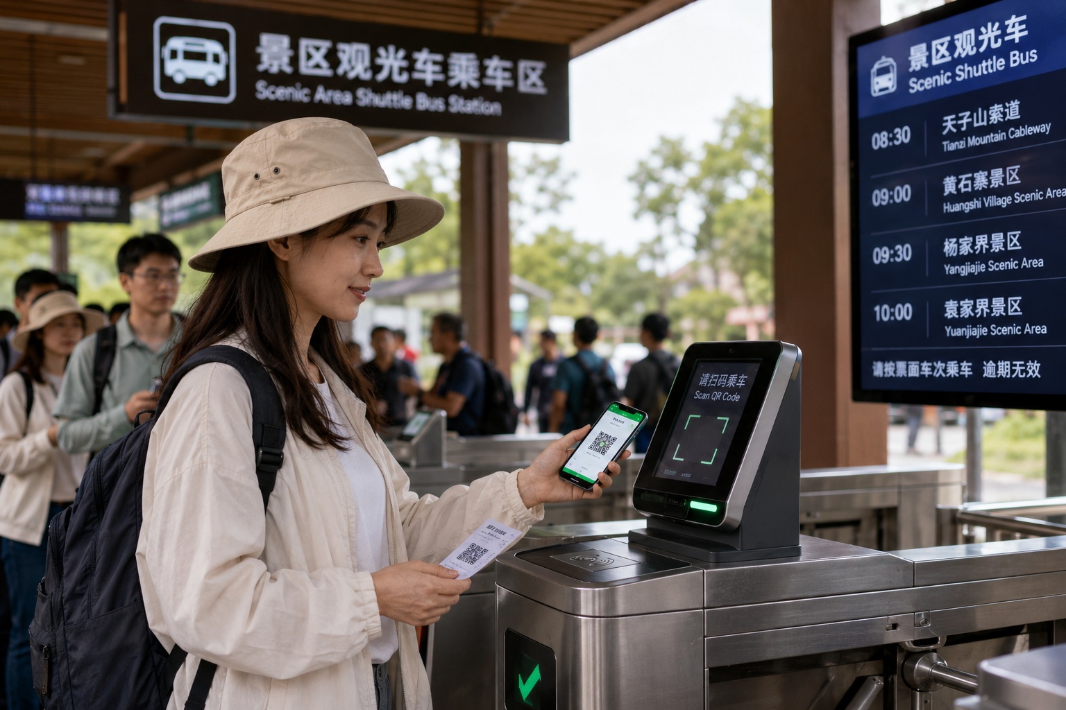Tourist scanning a mobile payment code or ticket at a shuttle bus turnstile in a Chinese scenic area.