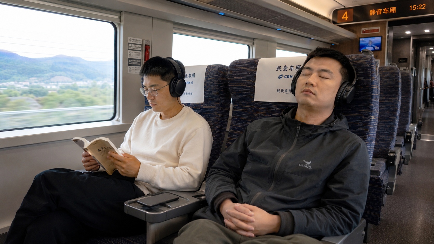 Passengers enjoying a quiet environment in a silent carriage on a Chinese high-speed rail train