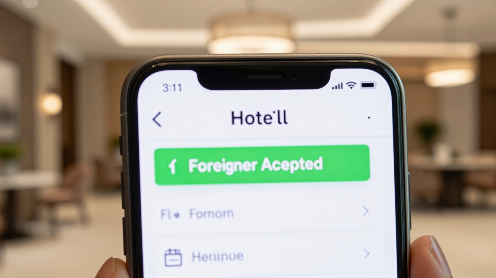 Smartphone screen showing a hotel booking application with a specific filter option for foreign guests highlighted.