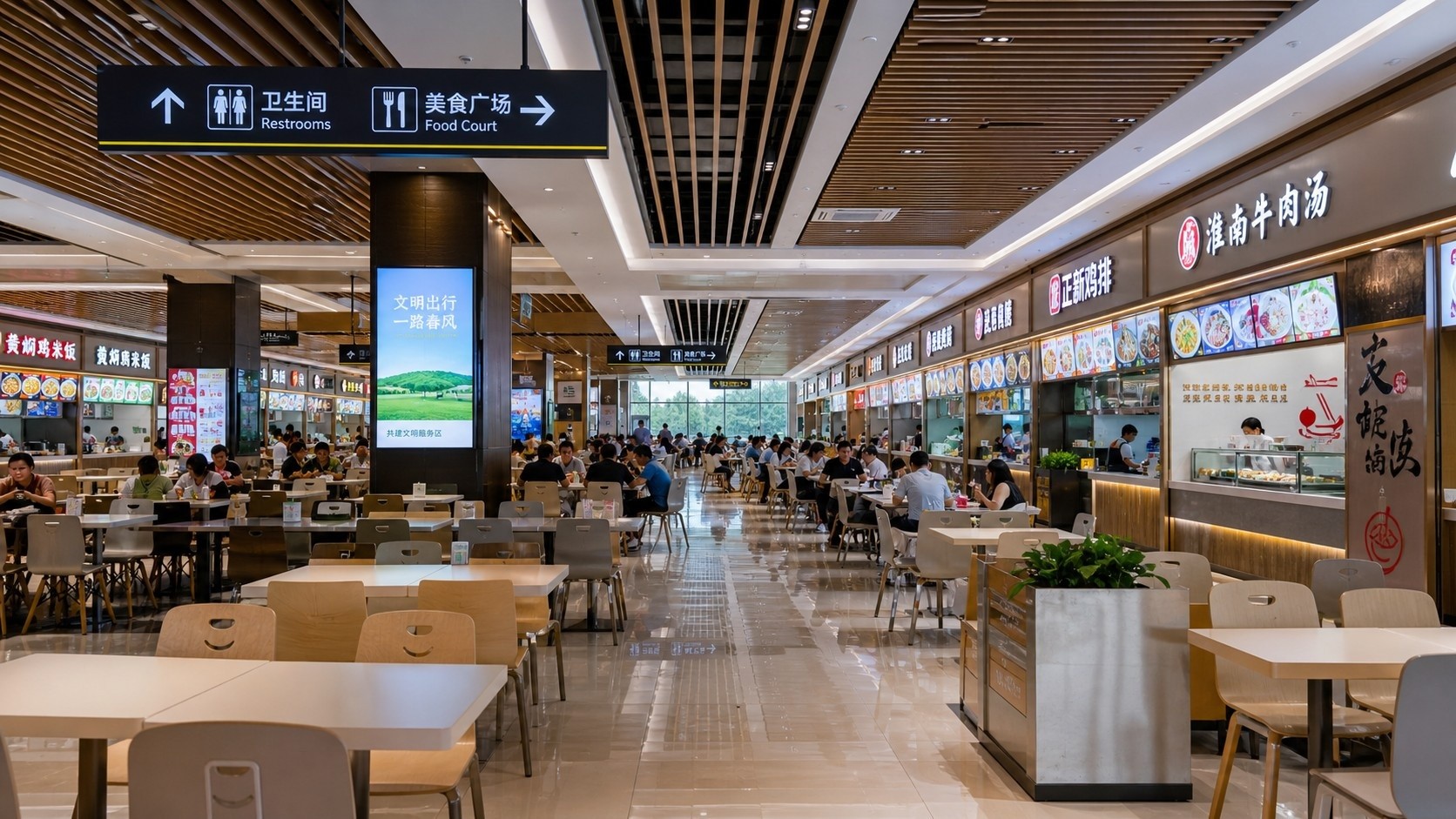 Interior view of a clean and modern Chinese highway service area food court resembling a shopping mall