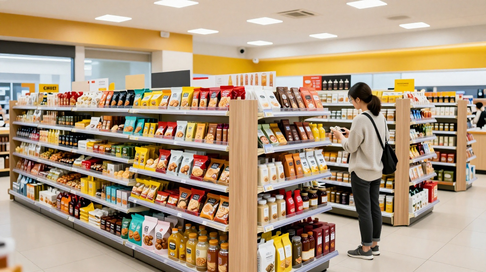 Shoppers browsing local specialties and gifts in a highway service area store
