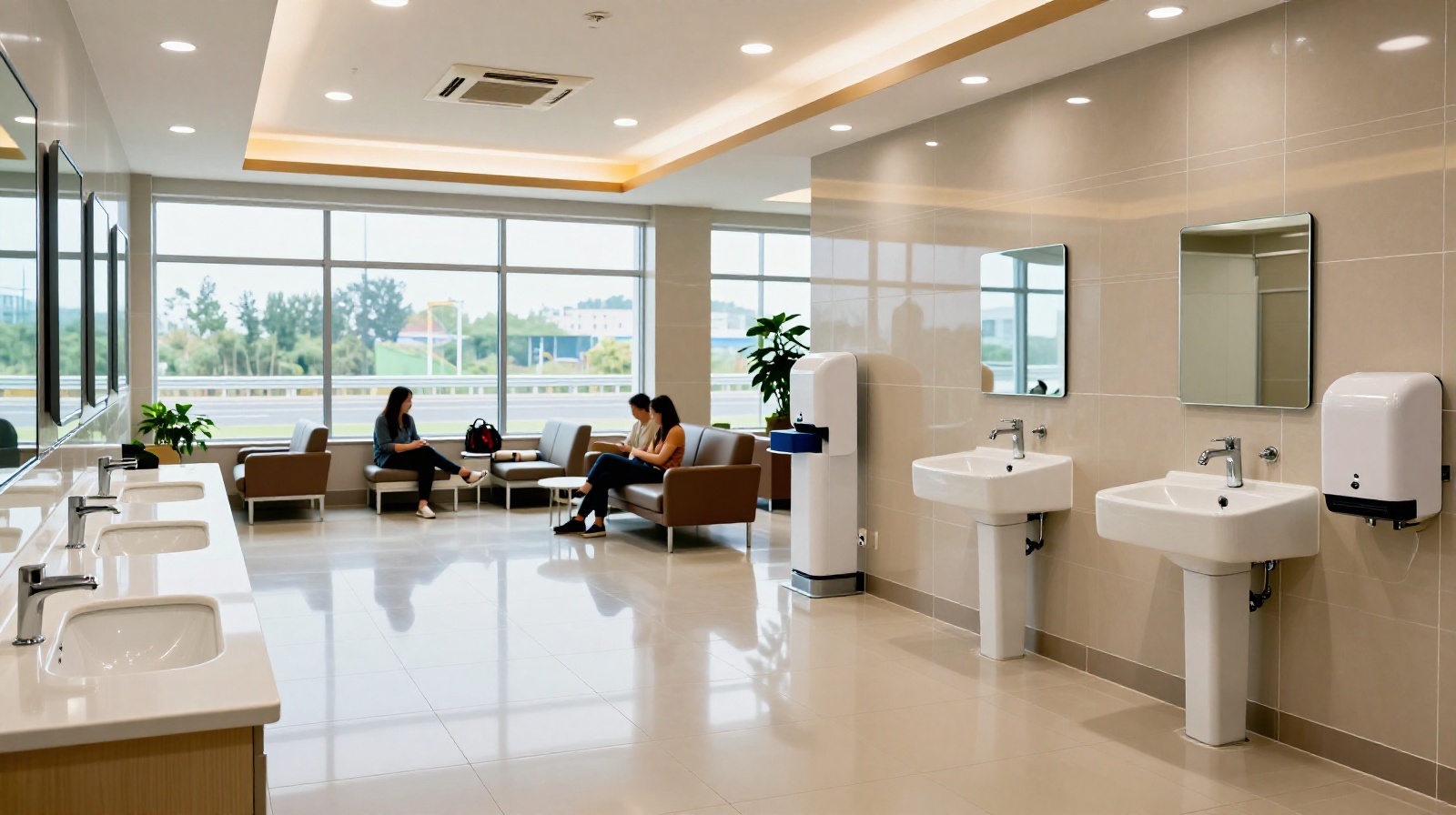 Clean and modern restroom and lounge facilities at a Chinese highway rest stop