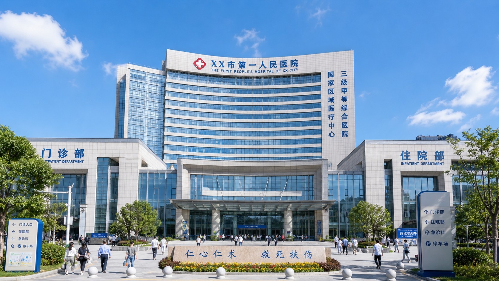 The exterior facade of a major Grade 3A public hospital in China, showing its large scale and modern infrastructure