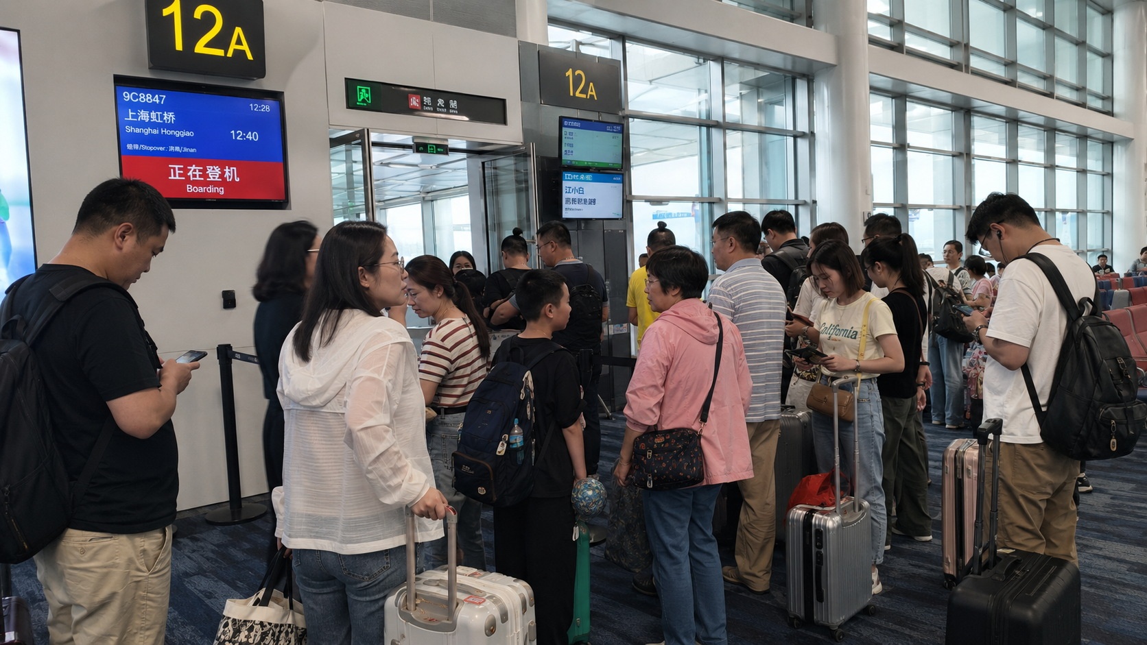 Chinese travelers with luggage waiting at a domestic flight gate in a modern airport, reflecting the trend of staying within the country for holidays.