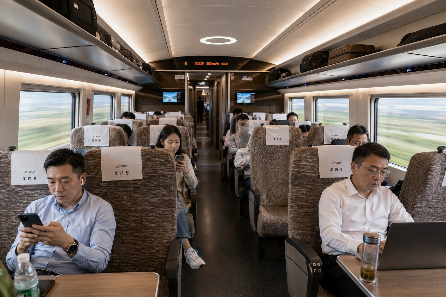 Passengers enjoying the comfortable interior of a China high-speed rail train, highlighting the convenience and comfort of domestic travel infrastructure.