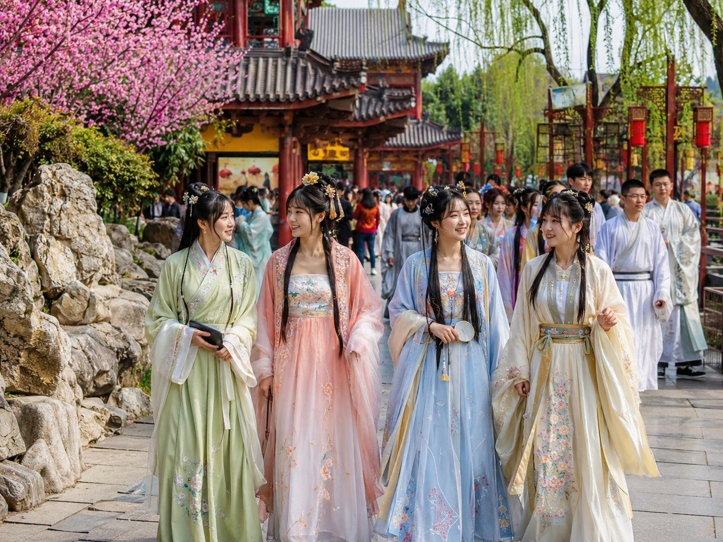 Tourists wearing traditional Hanfu costumes at a cultural heritage site, illustrating the rise of Guochao and local cultural pride.