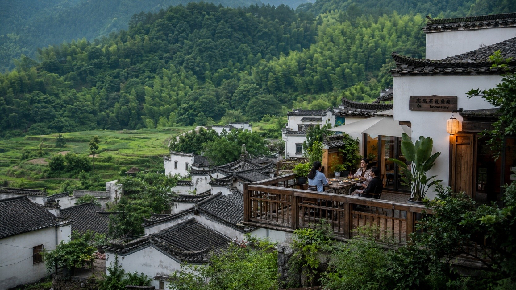 A serene rural village in China with tourists enjoying the landscape, representing the shift towards niche and reverse tourism destinations.