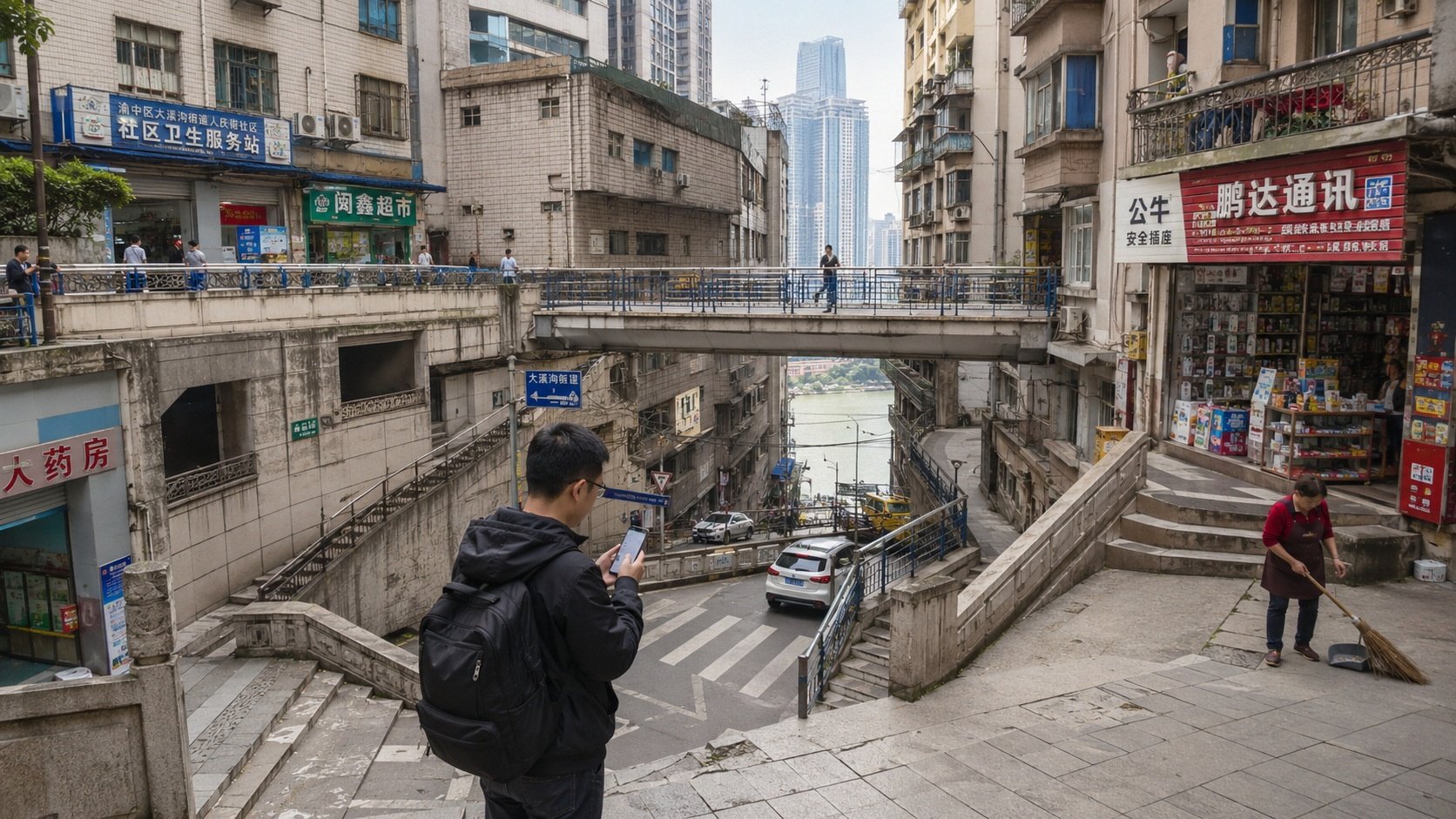 A pedestrian checks a spinning GPS arrow on a smartphone while standing at a multi-layered street intersection in Chongqing's Yuzhong District
