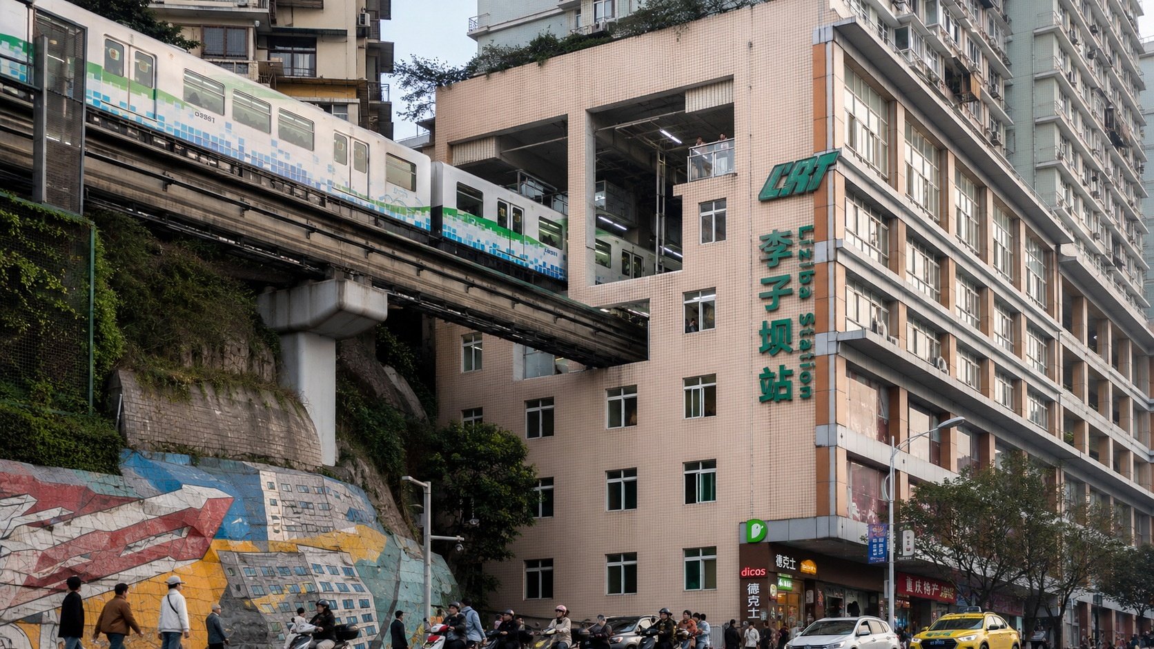 Daily commuters boarding a monorail train that passes directly through a residential tower at Liziba in Chongqing