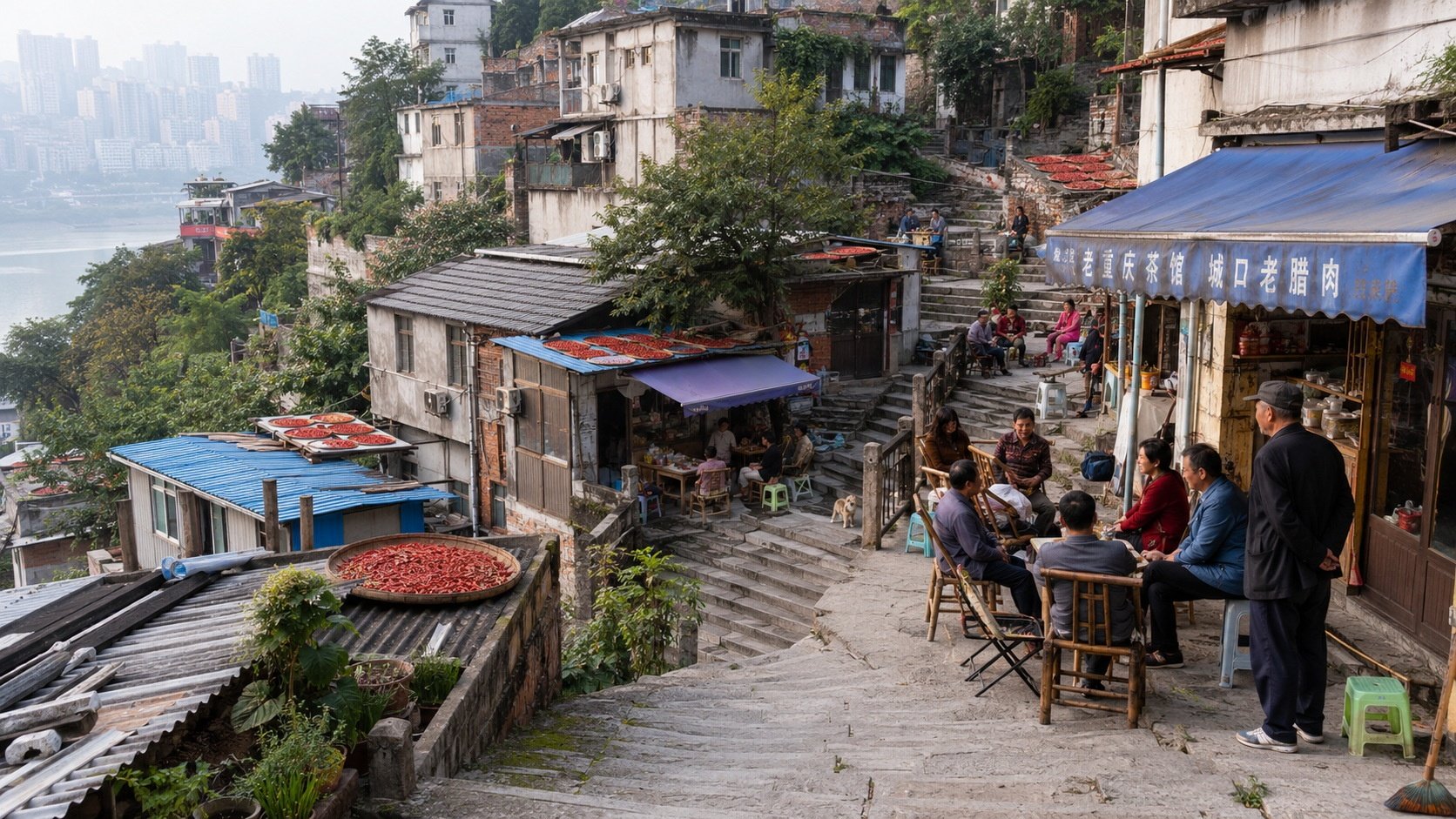 Residents relaxing at a semi-slope teahouse along a concrete staircase network in a Chongqing residential neighborhood